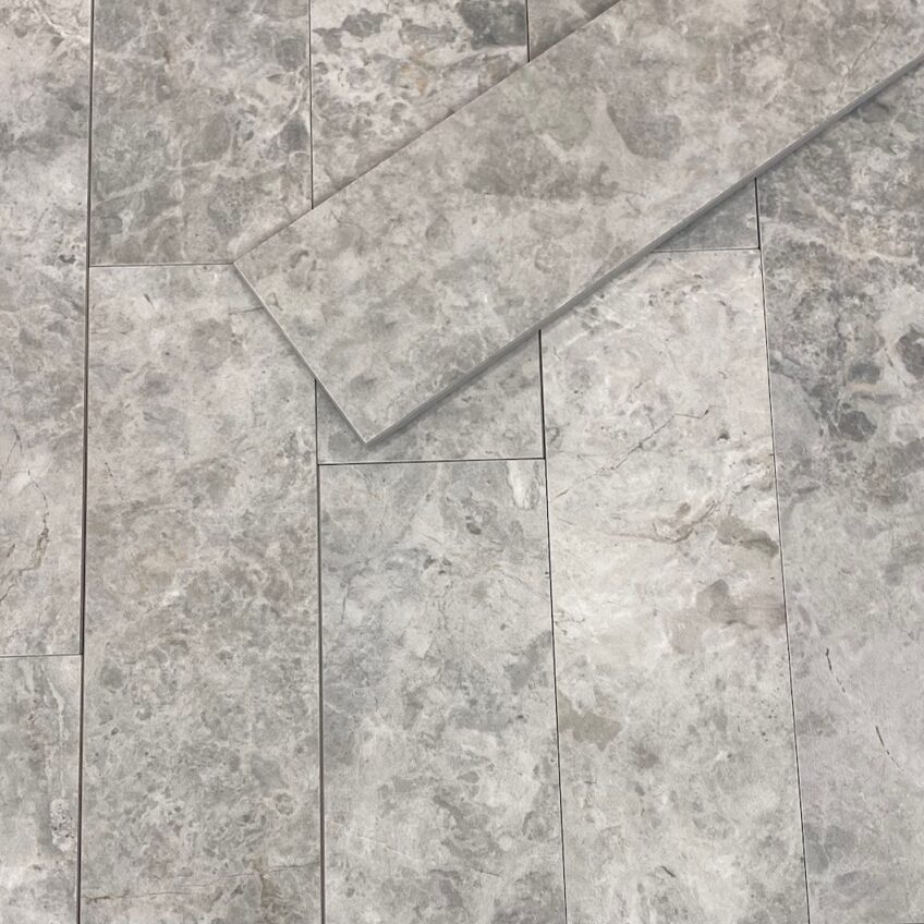 Tundra Ocean grey marble tiles with cloudy veining