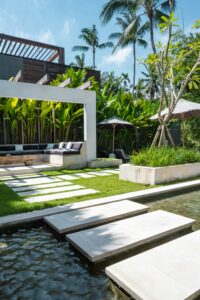 stepping stones across a water feature